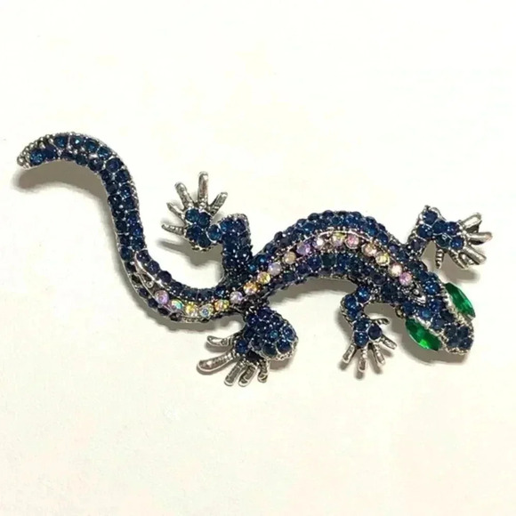 Beautiful Black Green Crystal Lizard Gecko Pin Brooch New - Picture 1 of 3